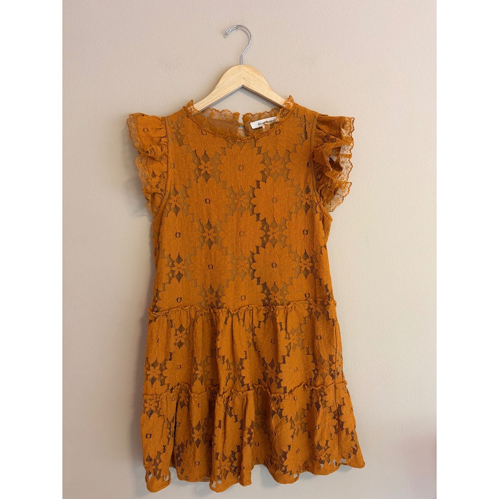 Blue Tassel Mustard Yellow Floral Lace Tiered Mini Dress Ruffle Sleeve Small